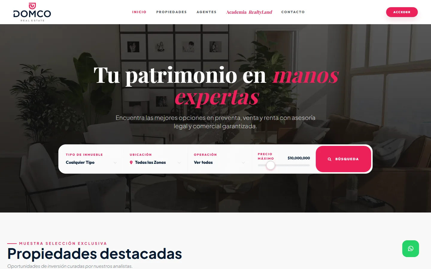 Portada de Domco con el buscador de propiedades